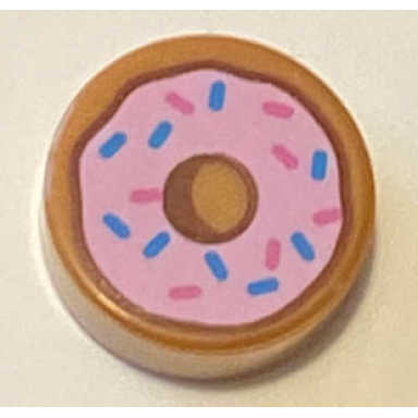 medium nougat tile round 1 x 1 with donut doughnut with bright pink frosting and dark azure and dark pink sprinkles pattern