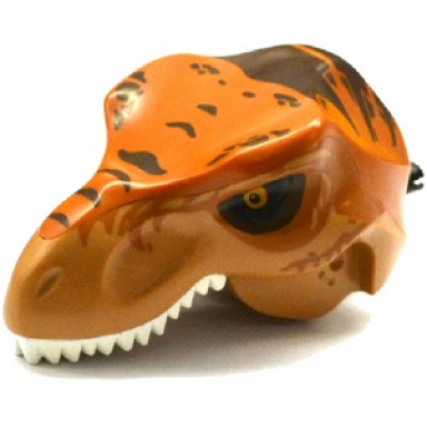 medium nougat dinosaur head tyrannosaurus rex with pin white teeth dark orange top and dark brown stripes pattern