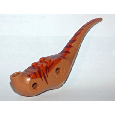 medium nougat dinosaur body raptor with dark orange top with dark brown stripes pattern