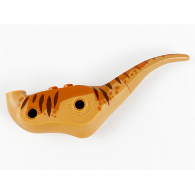 medium nougat dinosaur body raptor with dark orange top and dark brown stripes pattern
