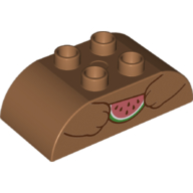 medium nougat duplo brick 2 x 4 slope curved double with paws holding watermelon slice pattern