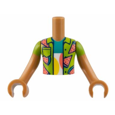 medium nougat torso mini doll boy lime shirt with coral and dark turquoise watermelon slices pattern medium nougat arms with hands with lime short sleeves