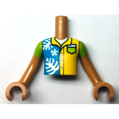medium nougat torso mini doll boy dark azure and yellow shirt with white leaves and lime pocket pattern medium nougat arms with hands with lime short sleeves