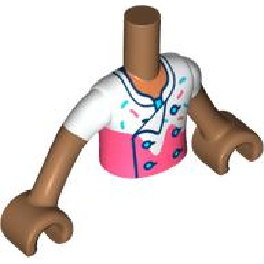 medium nougat torso mini doll boy white and coral chef shirt with dark turquoise and coral sprinkles pattern medium nougat arms with hands with white short sleeves
