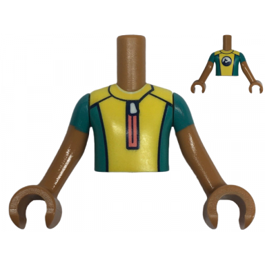medium nougat torso mini doll boy yellow and dark turquoise wetsuit with coral zipper and dolphin whale logo on back pattern medium nougat arms with hands with dark turquoise short sleeves