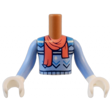 medium nougat torso mini doll boy bright light blue sweater with white dark azure and dark blue stripes zigzag lines and diamonds with coral scarf pattern bright light blue arms sleeves with white hands gloves