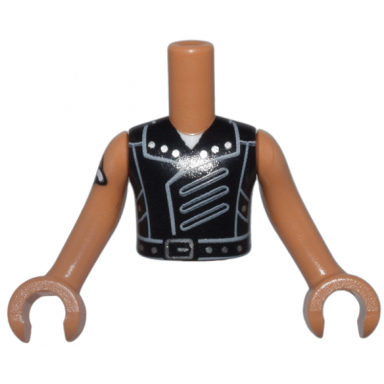 medium nougat torso mini doll boy black vest light bluish gray collar and panels silver buckle and studs pattern white neck medium nougat arms with hands with red heart tattoo pattern