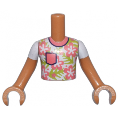 medium nougat torso mini doll boy white shirt with coral flowers and pocket and lime leaves pattern medium nougat arms with hands with white short sleeves