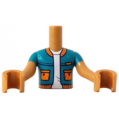 medium nougat torso mini doll boy dark turquoise jacket open with orange pockets collar and hem over white t-shirt pattern medium nougat arms with hands with dark turquoise short sleeves