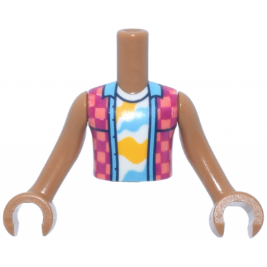 medium nougat torso mini doll boy coral and magenta checkered sleeveless shirt open over white undershirt with bright light orange and medium azure shapes pattern medium nougat arms with hands
