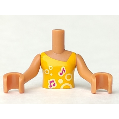 medium nougat torso mini doll girl bright light orange vest top with music notes and circles pattern medium nougat arms with hands