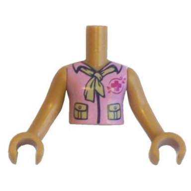 medium nougat torso mini doll girl bright pink blouse top with magenta cross logo and dark tan scarf pattern medium nougat arms with hands