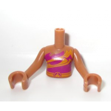 medium nougat torso mini doll girl magenta strapless top with orange belt pattern medium nougat arms with hands with dark purple elves tattoo left