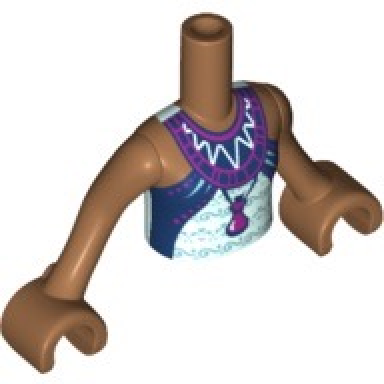 medium nougat torso mini doll girl light aqua top with dark blue and magenta trim flask metallic light blue accents pattern medium nougat arms with hands