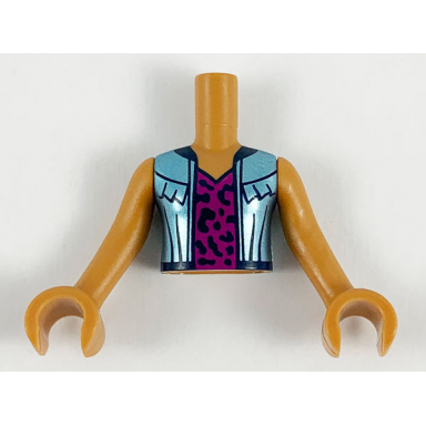 medium nougat torso mini doll girl metallic light blue jacket over magenta top with dark blue splotches pattern medium nougat arms with hands