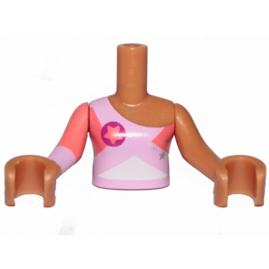 medium nougat torso mini doll girl bright pink top triangles and stars pattern medium nougat arms with hands with bright pink and coral right sleeve