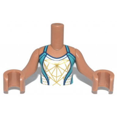 medium nougat torso mini doll girl dark turquoise swimsuit with white and gold front panel and round open back pattern medium nougat arms with hands