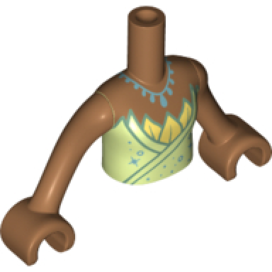 medium nougat torso mini doll girl yellowish green top with bright light yellow leaves and metallic light blue necklace pattern medium nougat arms with hands