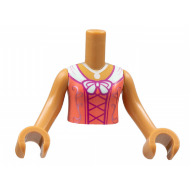 medium nougat torso mini doll girl coral dress silver necklace and filigree white collar magenta stitching pattern medium nougat arms with hands