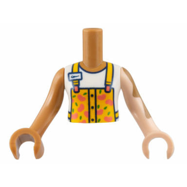 medium nougat torso mini doll girl white shirt bright light orange jumper fruit pattern light nougat arm with hand with vitiligo left medium nougat arm with hand right