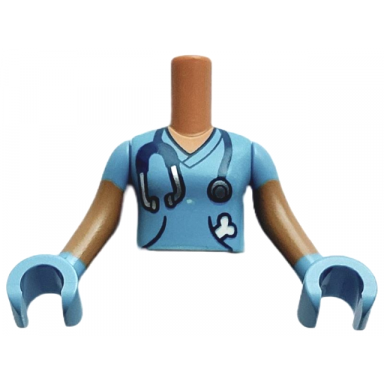 medium nougat torso mini doll girl medium blue shirt with stethoscope and bone in pocket pattern medium nougat arms with hands with medium blue short sleeves and gloves