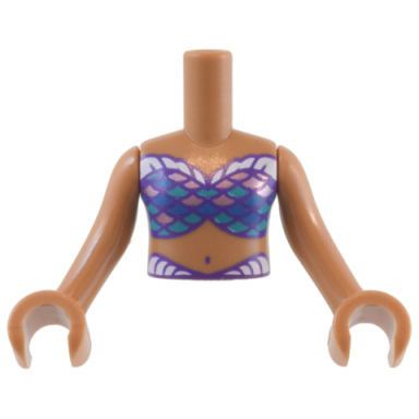 medium nougat torso mini doll girl dark purple bikini bra top with dark turquoise metallic pink and blue scales white trim pattern medium nougat arms with hands