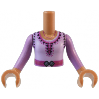 medium nougat torso mini doll girl lavender top with magenta belt medium blue buckle and dark purple triangles dots and laces pattern medium nougat arms and hands with medium lavender long sleeves