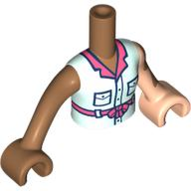 medium nougat torso mini doll girl light aqua jumpsuit with coral collar and belt with bow light nougat arm with hand with vitiligo left medium nougat arm with hand right