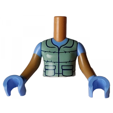medium nougat torso mini doll girl sand green vest with black pockets collar and spiked stripes over medium blue t-shirt pattern medium nougat arms with hands with medium blue short sleeves and gloves