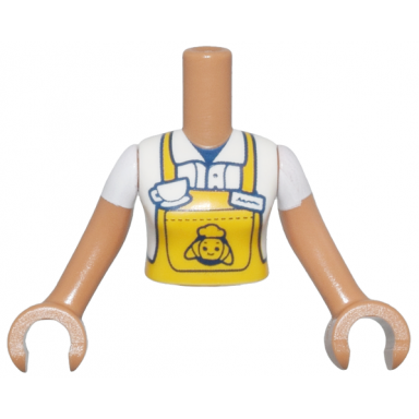 medium nougat torso mini doll woman bright light orange apron over shirt white coffee cup croissant on back pattern medium nougat arms with hands with white short sleeves