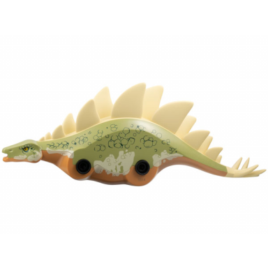 medium nougat dinosaur body stegosaurus with fixed olive green top with molded tan flexible rubber plates and thagomizer and printed dark green scales pattern