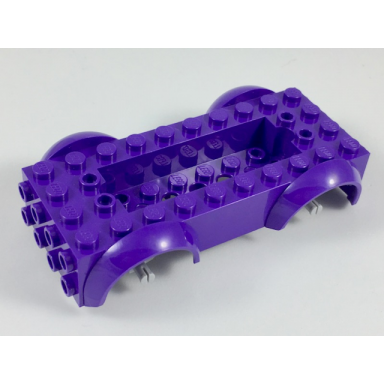 dark purple vehicle base 5 x 10 x 2 1 2 with mudguards and 6 x 2 recessed center with 3 holes with light bluish gray wheels holders attached