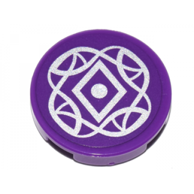 dark purple tile round 2 x 2 with bottom stud holder with silver diamond and elves tribal pattern sticker - set 41180
