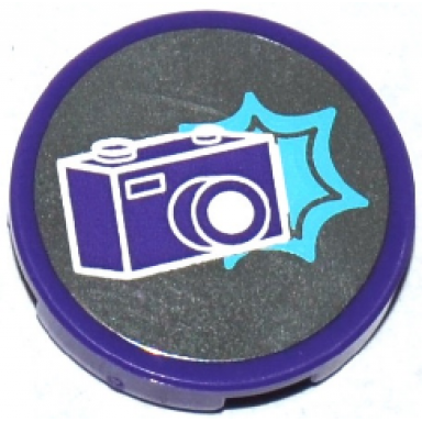 dark purple tile round 2 x 2 with bottom stud holder with dark purple camera and medium azure star pattern sticker - set 41129