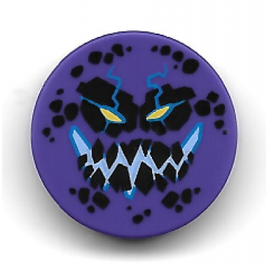dark purple tile round 2 x 2 with bottom stud holder with black rock teeth and spots narrowed yellow eyes blue electrified evil smile bouldron pattern