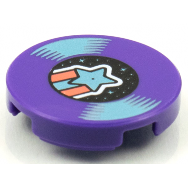 dark purple tile round 2 x 2 with bottom stud holder with lp record metallic light blue shooting star on label pattern