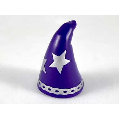 dark purple minifigure headgear hat cone drooping wizard with large silver stars and rim pattern