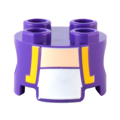 brick round 2 x 2 with pin holes with vest open with bright light orange trim over white shirt light nougat neck pattern super mario purple toad torso