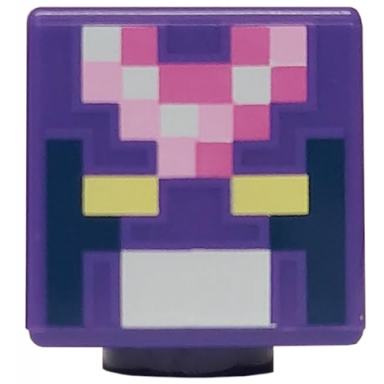 dark purple minifigure head modified cube with pixelated bright light yellow eyes white mouth bright pink and dark pink helmet pattern minecraft crystal knight