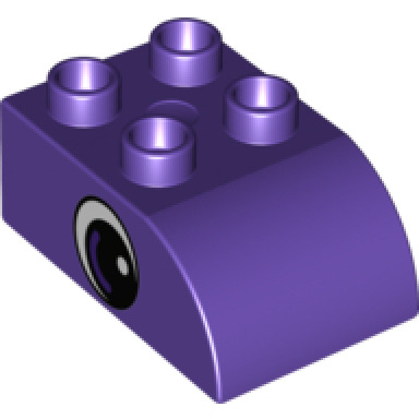 dark purple duplo brick 2 x 3 slope curved with circled black eye with arc and white pupil pattern on both sides