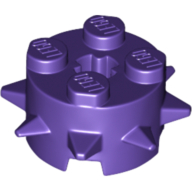 dark purple brick round 2 x 2 with spikes and axle hole