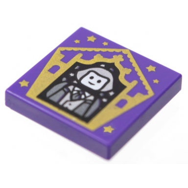dark purple tile 2 x 2 with hp chocolate frog card garrick ollivander pattern