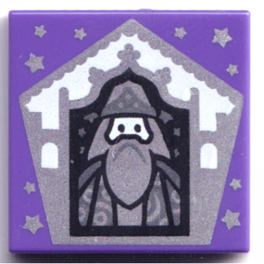 dark purple tile 2 x 2 with hp chocolate frog card albus dumbledore silver pattern