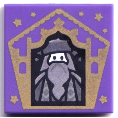 dark purple tile 2 x 2 with hp chocolate frog card albus dumbledore gold pattern
