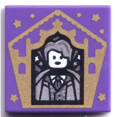 dark purple tile 2 x 2 with hp chocolate frog card gilderoy lockhart pattern