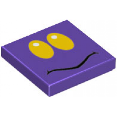 dark purple tile 2 x 2 with yellow oval eyes with white pupils black curved mouth pattern super mario ant trooper face