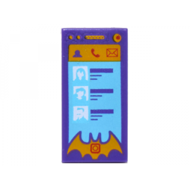 dark purple tile 1 x 2 with smartphone with contact phone mail and batgirl logo shape pattern