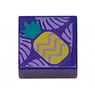 dark purple tile 1 x 1 with medium lavender tropical leaves and yellow pineapple with dark turquoise top pattern