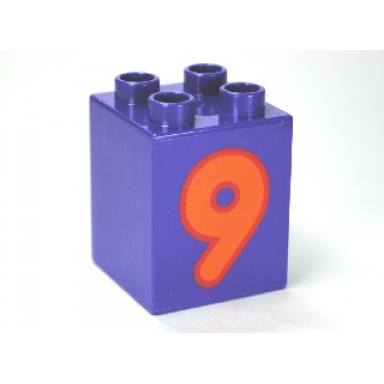 dark purple duplo brick 2 x 2 x 2 with number 9 orange pattern