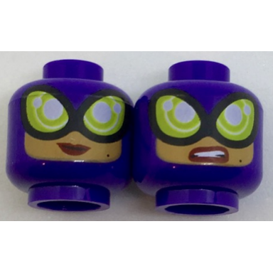 dark purple minifigure head dual sided female balaclava large lime goggles medium nougat face smile sneer pattern